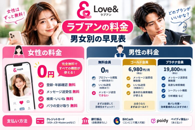 男女別の早見表 ラブアンの男女別料金を紹介する比較画像。女性無料、男性ゴールド会員は月額6,980円