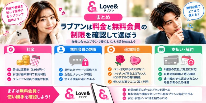 ラブアンの料金・無料会員のメッセージ制限・追加料金・支払い方法をまとめたイラスト