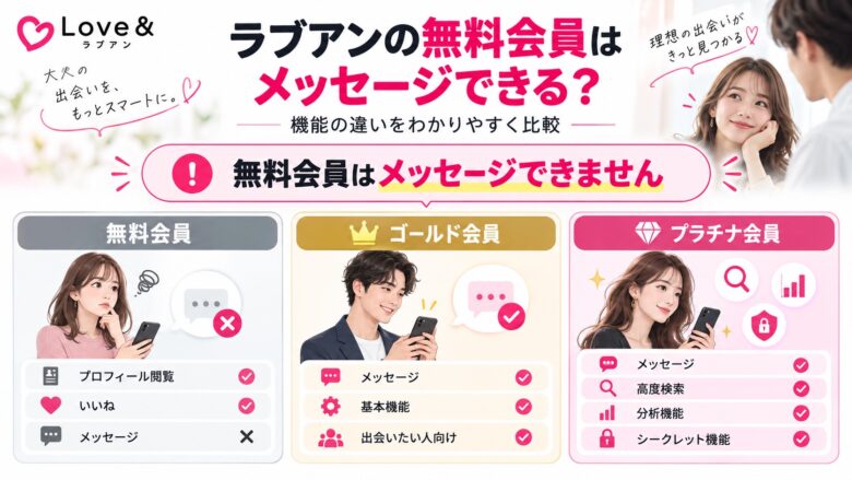 ラブアンの男性無料会員とゴールド・プラチナ会員のメッセージ機能や利用制限を比較した画像