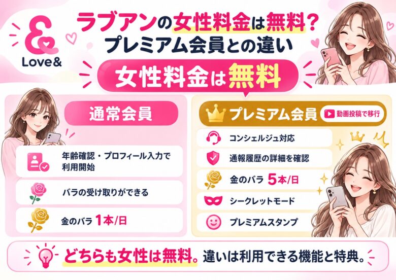 ラブアンの女性料金は無料。通常会員とプレミアム会員の特徴や利用できる機能を比較した画像
