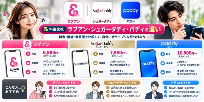 ラブアン・シュガーダディ・パディの男性月額料金と女性料金を公式アイコン付きで比較した画像