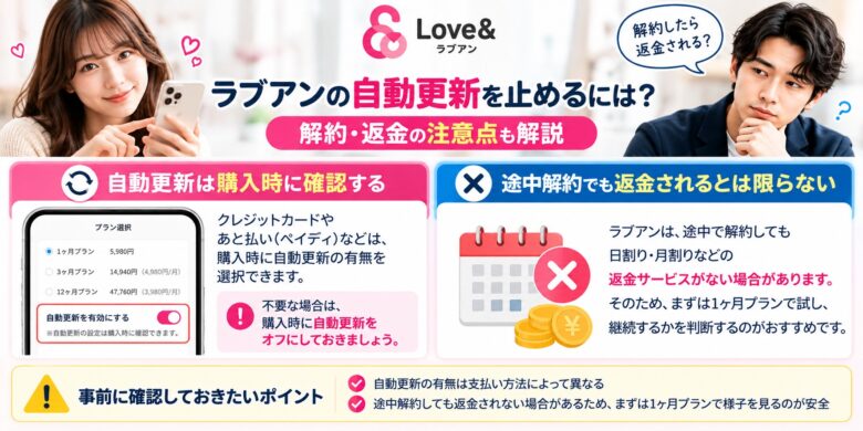 ラブアンの自動更新の確認方法と途中解約・返金に関する注意点を解説する画像