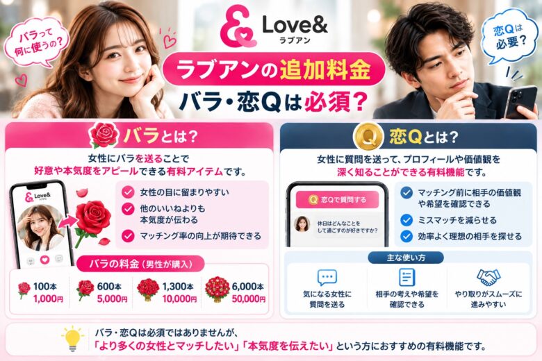ラブアンのバラシステムと恋Qの追加料金、購入が任意であることを解説する画像