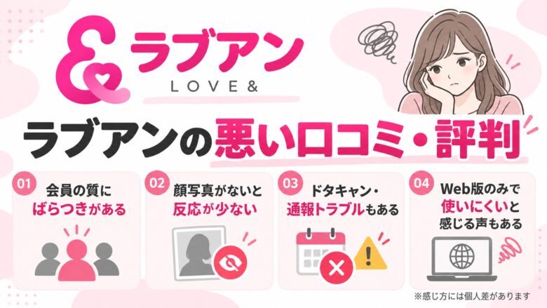 ラブアンの悪い口コミ・評判や会員の質に関する注意点を紹介するイラスト
