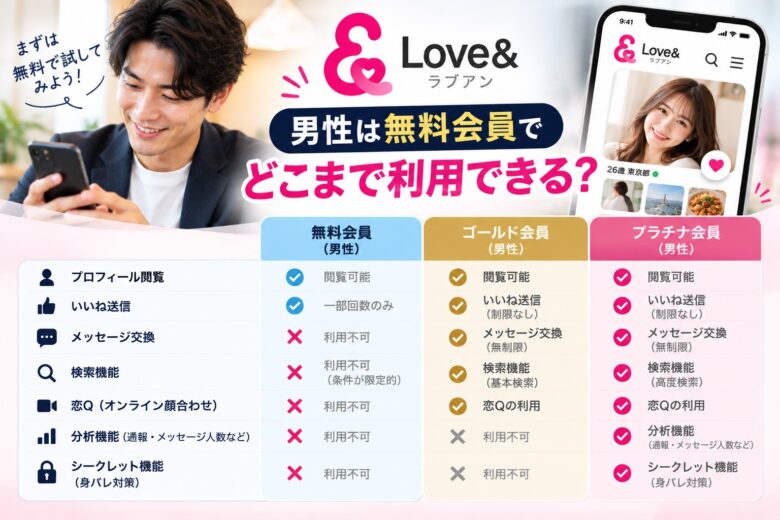 ラブアンの男性無料会員で利用できる機能と有料会員との違いを紹介する画像