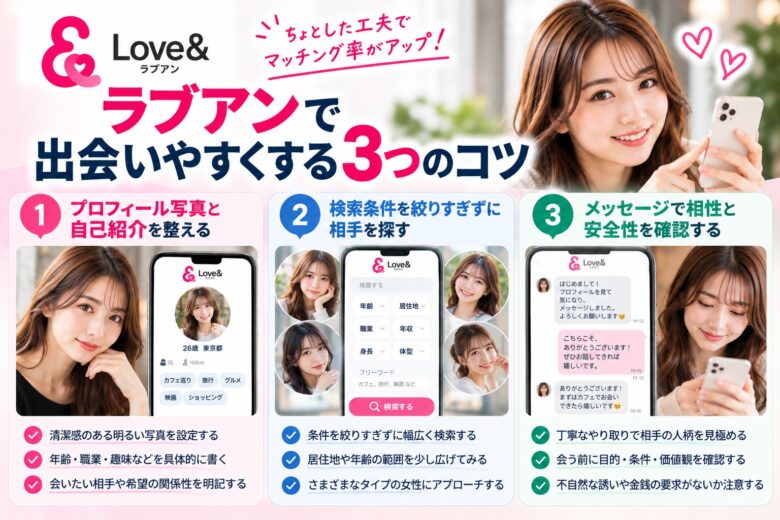 ラブアンで出会いやすくするプロフィール作成・条件検索・メッセージの3つのコツ