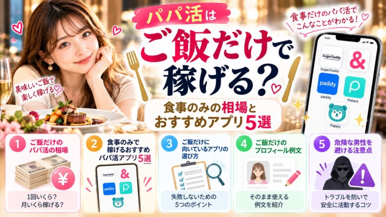 パパ活はご飯だけでも稼げるのか、食事のみの相場・おすすめアプリ5選・選び方・プロフィール例文・安全対策を紹介する記事のアイキャッチ画像