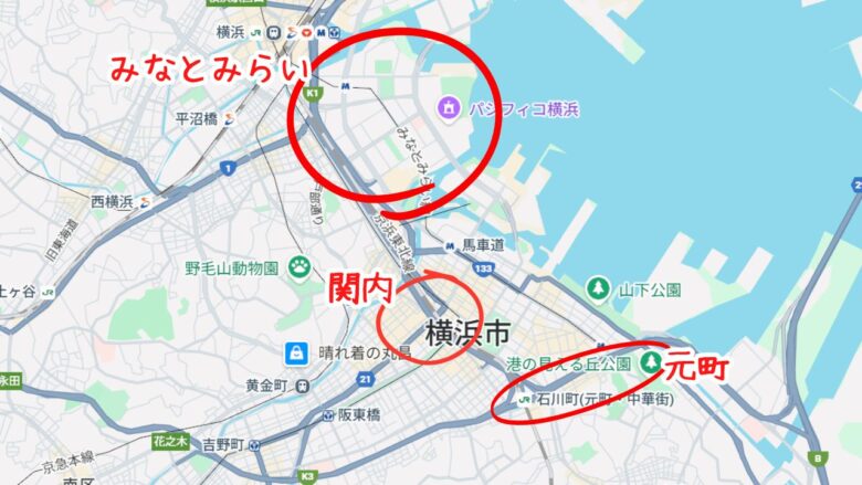 横浜のパパ活が活発な地域の地図