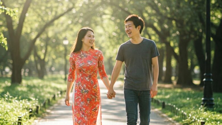 ラブアンで出会ったベトナム人女性と手を繋いでデートをする男性のイメージ