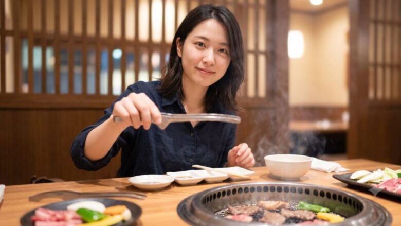 ラブアンで出会った女性と焼肉屋で食事をするイメージ